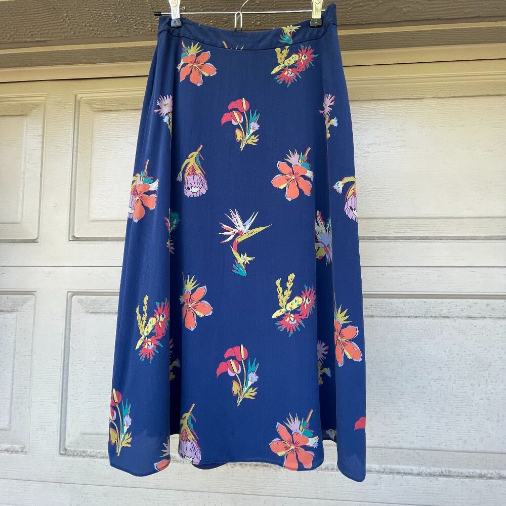 Madewell Silk Atrium Midi Skirt 00 Bird of Paradise Floral Blue Tropical A-Line